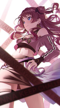1girl bare_shoulders black_skirt braid breasts caution_tape crop_top earrings gakuen_idolmaster hanami_saki hands_on_own_hips head_out_of_frame highres idolmaster jewelry long_hair long_sleeves midriff navel ntn00a purple_hair skirt smile solo