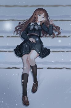 1girl absurdres bang_dream! bang_dream!_it&#039;s_mygo!!!!! black_serafuku black_shirt black_skirt black_socks blade_runner_(series) blade_runner_2049 blue_eyes brown_hair brown_shoes commentary_request full_body goslingposting_(meme) highres knee_up kneehighs loafers long_hair long_sleeves lying meme midriff nagasaki_soyo on_back sailor_collar scene_reference school_uniform serafuku shirt shoes skirt snowing socks solo stairs the_masculine_urge_to_slowly_bleed_out_here_(meme) tsukinomori_school_uniform white_sailor_collar xiongji_z_z