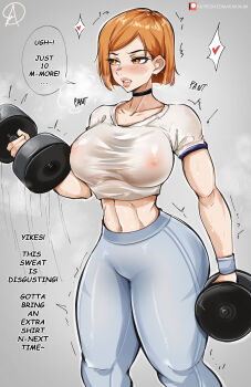 1girl absurdres almualim angry areola_slip breasts choker exercising female_focus gym_uniform highres jujutsu_kaisen kugisaki_nobara large_breasts midriff navel nipple_slip nipples orange_eyes orange_hair see-through_clothes solo thick_thighs thighs weightlifting