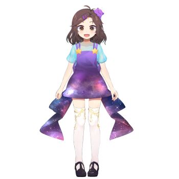 1girl antenna_hair black_thighhighs blob blouse blue_shirt brown_eyes brown_hair centi_(nimu) dress gradient_clothes gradient_dress highres indie_virtual_youtuber nimu_(vtuber) nimu_(vtuber)_(1st_costume) official_art pinafore_dress purple_dress see-through_clothes see-through_shirt shirt short_hair sleeveless sleeveless_dress smile solo star_(symbol) starry_sky_print thighhighs virtual_youtuber white_thighhighs