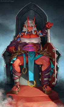 1girl arm_tattoo arm_warmers armor breasts chest_sarashi club club_(weapon) colored_skin commentary commission english_commentary fangs fangs_out geta highres holding holding_weapon horns japanese_armor japanese_clothes jewelry large_breasts long_hair looking_at_viewer muscular muscular_female oni original pointy_ears red_horns red_skin sarashi shamelessfroggy shoulder_tattoo sitting sitting_on_throne solo spiked_club tattoo thigh_armor throne weapon white_hair yellow_eyes