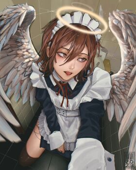 1boy 2023 angel angel_devil_(chainsaw_man) angel_wings apron artist_name black_dress black_thighhighs chainsaw_man crossdressing crossdressing_(mtf) dress frilled_apron frills hair_between_eyes halo highres long_hair looking_to_the_side maid maid_apron maid_headdress male_focus male_maid on_toilet selfie sitting solo taorotana thighhighs thighs toilet_stall tongue tongue_out traditional_halo white_apron white_wings wings