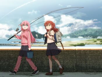 2girls backpack bag black_shoes blue_eyes bocchi_the_rock! bow bowtie bucket closed_mouth cloud commentary_request cube_hair_ornament fishing_rod full_body gotoh_hitori green_eyes hair_between_eyes hair_ornament highres holding holding_bucket holding_fishing_rod jacket kita_ikuyo loafers long_hair long_sleeves multiple_girls ocean one_side_up open_mouth outdoors pants pink_hair pink_jacket pink_pants red_bow red_bowtie red_hair sailor_collar school_uniform shoes short_sleeves shuka_high_school_uniform skirt sky socks sweatdrop track_jacket track_pants washu_junkyu white_socks