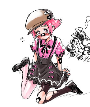 Rule 34 | 1girl, alternate costume, arm support, bandaid, bandaid on face, bandaid on knee, bandaid on leg, bandaid on nose, blush, brown hat, closed mouth, collared shirt, commentary request, eyelashes, flying sweatdrops, gen 5 pokemon, gothorita, hat, highres, maylene (pokemon), nintendo, pantyhose, pink eyes, pink hair, pink shirt, pokemon, pokemon (creature), pokemon dppt, shirt, shoes, short hair, short sleeves, sitting, skirt, suspender skirt, suspenders, torn clothes, torn pantyhose, u4 99384295, white background