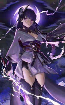 Rule 34 | 1girl, :|, absurdres, arm at side, black shrug, black thighhighs, braid, breasts, chinese commentary, cleavage, closed mouth, commentary request, dated commentary, feet out of frame, film grain, floating hair, genshin impact, halo, highres, holding, holding sword, holding weapon, japanese clothes, kimono, large breasts, layered sleeves, long hair, long sleeves, looking at viewer, mushroom majin, musou isshin (genshin impact), outstretched arm, procreate (medium), purple eyes, purple hair, raiden shogun, serious, short kimono, shrug (clothing), solo, standing, sword, thighhighs, weapon, white kimono