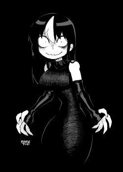 1girl bags_under_eyes bare_shoulders black_dress black_hair blush_stickers breasts closed_mouth commentary detached_sleeves dress elbow_gloves gloves highres jaggy_lines large_breasts long_dress long_fingers long_hair looking_at_viewer multicolored_hair noss_&amp;_zakuro noss_(rariatto) rariatto_(ganguri) simple_background smile solo standing streaked_hair symbol-only_commentary vampire wavy_mouth