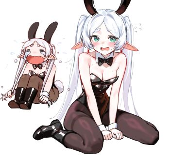 1girl =_= animal_ears bare_shoulders between_legs black_boots black_bow black_bowtie black_leotard black_pantyhose blush boots bow bowtie breasts crying detached_collar earrings elf fake_animal_ears fake_tail flying_sweatdrops foolish_potato frieren grabbing_own_hair green_eyes grey_hair hand_between_legs hashtag-only_commentary highleg highleg_leotard highres holding holding_own_hair jewelry knees_up leotard long_hair long_pointy_ears looking_at_viewer medium_breasts multiple_views open_mouth pantyhose parted_bangs playboy_bunny pointy_ears rabbit_ears rabbit_tail short_eyebrows simple_background sitting sousou_no_frieren strapless strapless_leotard tail teardrop_earrings tears thighband_pantyhose twintails very_long_hair wariza wavy_mouth white_background white_wrist_cuffs wrist_cuffs