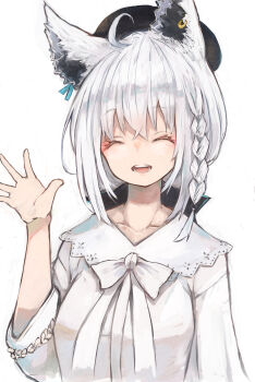 1girl ahoge animal_ear_piercing animal_ears arms_at_sides beret black_hat black_ribbon blush bow bowtie braid breasts closed_eyes commentary eyeshadow facing_viewer fox_ears grey_hair hair_ribbon half_up_braid hat highres hololive long_hair long_sleeves low_ponytail makeup medium_breasts nyucha official_alternate_costume official_alternate_hairstyle open_hand ponytail puritan_collar red_eyeshadow ribbon shirakami_fubuki shirakami_fubuki_(street) shirt side_braid simple_background smile solo upper_body virtual_youtuber waving white_background white_bow white_bowtie white_shirt