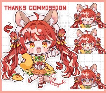 1girl :3 :d ^_^ ahoge animal_ear_fluff animal_ears blush_stickers bow bowtie chibi chibi_only closed_eyes commentary commission dress egissi food full_body green_bow green_bowtie hair_ribbon hat highres holding holding_food indie_virtual_youtuber long_hair looking_at_viewer multicolored_hair multiple_views omelet omurice open_mouth plate red_eyes red_hair red_ribbon red_shoes red_thighhighs ribbon shoes short_sleeves shrimp shrimp_tempura single_thighhigh skeb_commission smile standing standing_on_one_leg streaked_hair striped_clothes striped_thighhighs tail tempura thighhighs two-tone_hair virtual_youtuber watermark white_background white_hat wrist_cuffs yellow_dress yuragi_yuu
