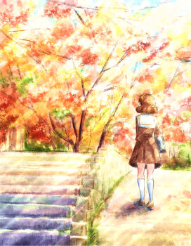 1girl autumn autumn_leaves bag brown_dress brown_hair brown_serafuku commentary_request day dress fluffy_hair from_behind full_body hibike!_euphonium highres kitauji_high_school_uniform kneehighs leaf loafers medium_hair oumae_kumiko outdoors scenery school_bag school_uniform serafuku shoes socks solo stairs standing tmakatof tree white_socks winter_uniform