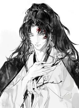 1boy 8knff black_hair black_haori black_robe branch closed_mouth earrings flower grey_eyes greyscale hair_over_shoulder hanafuda_earrings haori japanese_clothes jewelry kimetsu_no_yaiba kimono long_hair looking_at_object monochrome open_clothes open_robe ponytail robe simple_background solo solo_focus tsugikuni_yoriichi white_background white_flower white_kimono white_robe