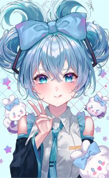1girl :q bare_shoulders black_sleeves blue_background blue_bow blue_eyes blue_hair blue_nails blue_necktie blush bow cinnamiku cinnamoroll closed_mouth collared_shirt commentary detached_sleeves fuwa_fuwa_cinnamoroll grid_background hair_between_eyes hair_bow hand_up hatsune_miku highres long_sleeves looking_at_viewer nail_polish necktie number_tattoo sanrio shirt short_hair shoulder_tattoo sleeveless sleeveless_shirt smile solo taru_7252 tattoo tie_clip tongue tongue_out twintails updo upper_body v vocaloid white_shirt