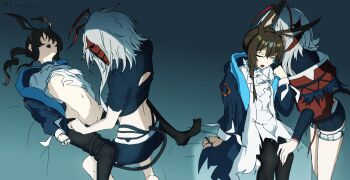 2girls age_difference amiya_(arknights) antennae aqua_background arknights arm_up artist_name ascot black_pantyhose black_tail blue_jacket brown_hair closed_eyes clothes_lift convenient_arm convenient_censoring couple crop_top demon_girl demon_horns demon_tail dress dress_shirt evalithfog hand_on_another's_thigh highres horns jacket jacket_on_shoulders jewelry legs long_hair lying multiple_girls multiple_rings multiple_views navel no_panties on_back open_mouth pale_skin pantyhose ponytail rabbit_ears rabbit_girl red_horns red_jacket ring shirt sidelocks sitting spread_legs stomach tail tail_wrap torn_clothes torn_dress twitter_username undressing w_(arknights) white_ascot white_dress white_hair wis'adel_(arknights) yuri