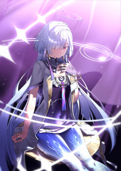 Rule 34 | 1girl, absurdres, closed mouth, colored eyelashes, commentary, dated, dress, earrings, grey hair, hair over one eye, halo, hand on own chest, highres, id card, jacket, jewelry, lanoyee, long hair, looking at viewer, mornye (wuthering waves), purple dress, red eyes, see-through body, signature, solo, triangle earrings, very long hair, white jacket, wuthering waves