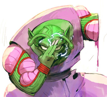 alien antennae bald blood colored_skin crackling_energy dougi dragon_ball dragonball_z finger_on_forehead garrett_hanna green_skin looking_at_viewer makankousappou amputee namekian pants piccolo pointy_ears purple_blood purple_pants purple_shirt shirt simple_background sleeveless veins wristband