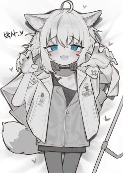 1girl absurdres ahoge animal_ears arknights blue_eyes blush claw_pose commentary_request fang fox_ears fox_girl fox_tail greyscale highres korean_commentary korean_text lab_coat looking_at_viewer lying medium_hair monochrome on_back open_mouth pantyhose skin_fang solo spot_color sussurro_(arknights) tail translation_request yungun_(dbsrjsdn0330)