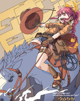 Rule 34 | 1girl, 2026, belt, boots, braid, braided ponytail, breasts, brown boots, brown gloves, brown shirt, carrot earrings, cowboy hat, denim, denim shorts, earrings, english text, food-themed earrings, food themed earrings, gloves, hat, highres, horse, horseback riding, jewelry, long hair, medium breasts, mixed-language commentary, new year, original, pink hair, pouch, reins, riding, saddle, shirt, short shorts, short sleeves, shorts, sidelocks, stirrups (riding), thigh strap, umsisi, unworn hat, unworn headwear