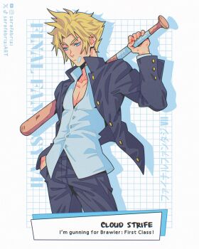 Rule 34 | 1boy, bandaid, bandaid on knee, bandaid on leg, baseball bat, black jacket, black pants, blonde hair, blue eyes, border, character name, cloud strife, cloud strife (midgard seventh high school), collared shirt, commentary, copyright name, cowboy shot, delinquent, english commentary, final fantasy, final fantasy vii, final fantasy vii: ever crisis, gakuran, gold buttons, hand in pocket, highres, holding, holding baseball bat, jacket, male focus, official alternate costume, over shoulder, pants, parted bangs, sarafabrizi, school uniform, shirt, short hair, solo, spiked hair, twitter username, weapon, weapon over shoulder, white border, white shirt