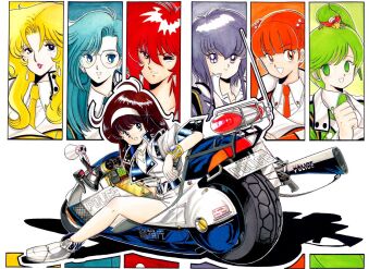 6+girls animal animal_on_head at_lady! automatic-tec_1 automatic-tec_2 automatic-tec_3 automatic-tec_4 automatic-tec_5 automatic-tec_6 automatic-tec_7 belt bird bird_on_head black_belt black_eyes blonde_hair blue_eyes blue_hair boots brown_hair buttons closed_mouth collared_shirt commentary_request double-breasted earrings glint gold_bracer green_eyes green_hair green_jacket hair_bobbles hair_ornament hairband jacket jewelry lipstick long_hair looking_at_viewer looking_back makeup medium_hair miniskirt mole mole_under_mouth motor_vehicle motorcycle multiple_girls necktie official_art okano_takeshi on_head on_motorcycle one_eye_closed open_mouth orange_eyes orange_hair orange_jacket orange_necktie parrot parted_lips police police_motorcycle purple_eyes purple_hair purple_jacket radio_antenna red_eyes red_hair red_lips shirt short_hair short_sleeves skirt sleeve_cuffs smile triangle_earrings twintails white_boots white_hairband white_jacket white_shirt white_skirt yellow_jacket yellow_necktie