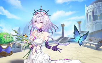 1girl absurdres bare_shoulders black_tiara blue_butterfly blue_sky breasts bug butterfly castorice_(honkai:_star_rail) closed_mouth day dress elbow_gloves gloves hair_between_eyes highres holding honkai:_star_rail honkai_(series) incredibly_absurdres insect large_breasts long_hair outdoors pointy_ears purple_eyes purple_gloves purple_hair qishier_shi_ya_tuo sidelocks sky smile solo tiara white_dress yellow_butterfly
