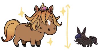 Rule 34 | animal ears, animal focus, arrow (symbol), blue flower, blue hat, blue rose, borrowed hairstyle, brown hair, crown, flipped hair, flower, hair between eyes, hat, hat flower, highres, horse, horse ears, horse girl, horse tail, lili (lilistration), mini crown, no humans, orange hair, pink crown, real life, rice shower (racehorse), rice shower (umamusume), rose, short hair, size difference, t.m. opera o (racehorse), t.m. opera o (umamusume), tail, tilted headwear, umamusume