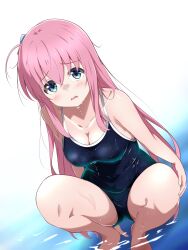 Rule 34 | 1girl, bare shoulders, blue eyes, blue one-piece swimsuit, blush, bocchi the rock!, borgbutler, breasts, cleavage, collarbone, covered navel, cube hair ornament, gotoh hitori, hair between eyes, hair ornament, highleg, highleg swimsuit, highres, long hair, looking at viewer, one-piece swimsuit, open mouth, partially submerged, pink hair, squatting, swimsuit