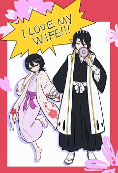 1boy 1girl absurdres antatica11 barefoot black_hair black_kimono bleach border cherry_blossom_print chinese_commentary closed_eyes closed_mouth commentary_request couple double-parted_bangs drop_shadow english_text facing_viewer floral_print floral_print_kimono hair_between_eyes hand_on_own_cheek hand_on_own_face hand_up haori happy hetero highres holding holding_hands holding_megaphone husband_and_wife japanese_clothes kimono kuchiki_byakuya kuchiki_hisana long_hair long_sleeves medium_hair megaphone pink_kimono print_kimono purple_sash red_border sash shouting simple_background smile socks speech_bubble standing standing_on_one_leg tabi taichou_haori v-shaped_eyebrows white_background white_sash white_socks wide_sleeves