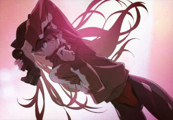 Rule 34 | 1girl, animal ears, animal hat, arm up, backlighting, badge, blue eyes, bodysuit, button badge, newsboy cap, cowboy shot, dutch angle, eyepatch, fake animal ears, female focus, floating hair, gun, handgun, hat, holding, jacket, long hair, long sleeves, looking at viewer, mecha pilot suit, neon genesis evangelion, orange hair, plugsuit (evangelion), rebuild of evangelion, serious, single vertical stripe, skinny, sleeves past wrists, solo, souryuu asuka langley, track jacket, tsurumaki kazuya, turtleneck, very long hair, weapon, wind, zipper