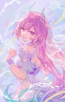 1girl absurdres aqua_hair bare_shoulders breasts commentary cyrene_(honkai:_star_rail) cyrene_(ripples_of_past_reverie)_(honkai:_star_rail) diamond-shaped_pupils diamond_(shape) dress earrings flower from_side gradient_hair hair_flower hair_ornament highres honkai:_star_rail honkai_(series) jewelry large_breasts long_hair looking_at_viewer mizuhashisuika multicolored_hair pink_hair pointy_ears purple_eyes smile solo symbol-only_commentary symbol-shaped_pupils very_long_hair white_dress white_hair