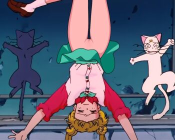 1990s_(style) arms_up artemis_(sailor_moon) bag bishoujo_senshi_sailor_moon blonde_hair blush cat closed_eyes closed_mouth derivative_work green_skirt loafers loodncrood luna_(sailor_moon) miniskirt no_panties nude_filter pussy retro_artstyle ribbon screenshot_redraw shoes skirt third-party_edit tsukino_usagi twintails upside-down