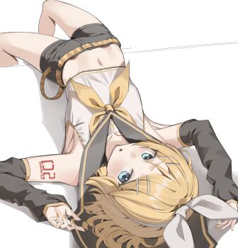 1girl absurdres aqua_eyes arm_tattoo bare_shoulders belt black_shorts black_sleeves blonde_hair bow bow_hairband collarbone commentary cropped_shirt detached_sleeves english_commentary grey_sailor_collar hair_bow hair_ornament hairband hairpin highres kagamine_rin looking_at_viewer loose_belt midriff navel neckerchief number_tattoo sailor_collar scarlet_(wv0102) shirt short_hair short_shorts shorts sleeveless sleeveless_shirt stomach swept_bangs tattoo vocaloid white_bow white_hairband white_shirt yellow_belt yellow_nails yellow_neckerchief yellow_trim