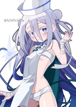 1girl 4rion absurdres bandages blue_eyes blue_hair blush bombergirl breasts bright_pupils china_dress chinese_clothes cowboy_shot double_bun dress from_below gradient_hair grey_hair hair_between_eyes hair_bun highres jiangshi jiangshi_costume long_bangs long_hair looking_at_viewer multicolored_hair no_pants ofuda parted_bangs parted_lips sideless_outfit simple_background small_breasts solo suisui_(bombergirl) thick_eyelashes very_long_hair white_background
