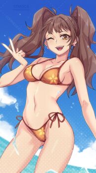 1girl beach bikini breasts brown_eyes brown_hair cleavage happy highres kujikawa_rise medium_breasts ocean one_eye_closed open_mouth orange_bikini persona persona_4 sky swimsuit symoca thighs twintails v