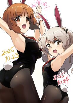 2girls animal_ear_hairband animal_ears arms_up ass black_leotard black_pantyhose breasts brown_eyes brown_hair buchikaki commentary_request dated detached_collar fake_animal_ears from_behind girls_und_panzer hairband high_five highres leotard looking_at_viewer looking_back medium_breasts medium_hair multiple_girls necktie nishizumi_miho one_side_up pantyhose playboy_bunny rabbit_ears rabbit_tail red_necktie shimada_arisu short_hair simple_background small_breasts smile tail white_background wrist_cuffs