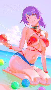 1girl alternate_costume barefoot beach bikini black_choker blue_eyes blue_shorts blue_sky breasts choker cloud criss-cross_halter day denim denim_shorts dutch_angle eyelashes full_body halterneck heart highres holding legs long_hair looking_at_viewer medium_breasts micro_shorts monogatari_(series) navel ocean outdoors parted_lips ponytail purple_hair rapa_rachi red_bikini revision scrunchie seiza senjougahara_hitagi shorts sitting sky solo stomach swimsuit thighs toes torn_clothes torn_shorts watermark wet wrist_scrunchie
