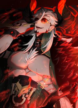 Rule 34 | 1boy, abs, bara, commentary, dark zmagoti, dislyte, ear piercing, gorath (bull demon king) (dislyte), highres, horns, looking at viewer, male focus, muscular, muscular male, nail polish, nipple piercing, nipple rings, open mouth, pectorals, piercing, red-tinted eyewear, ring piercing, round eyewear, smile, tinted eyewear