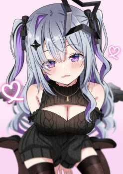 1girl absurdres amane_konata black_bow black_shoes black_streaks black_sweater black_thighhighs blush bow breasts cable_knit cleavage cleavage_cutout clothing_cutout commentary_request grey_hair highres hololive hosinonana large_breasts looking_at_viewer multicolored_hair open_mouth purple_eyes purple_streaks shoes smile solo streaked_hair sweater thighhighs virtual_youtuber