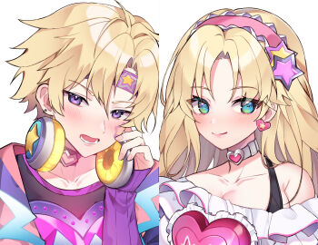 1boy 1girl absurdres black_shirt blonde_hair blue_eyes blush bra_strap breasts choker cleavage collage commentary curtained_hair earrings english_commentary ezreal frilled_shirt frills green_eyes hairband head_tilt headband headphones headphones_around_neck heart heart_earrings highres jacket jewelry large_breasts league_of_legends league_of_legends:_wild_rift looking_at_viewer lovestruck_ezreal lovestruck_lux lower_teeth_only lux_(league_of_legends) multicolored_eyes off-shoulder_shirt off_shoulder official_alternate_costume open_mouth pelicana pink_choker pink_hairband pink_headband pink_jacket portrait purple_eyes shirt short_hair simple_background single_earring smile star_(symbol) teeth two-tone_eyes white_background white_choker white_shirt