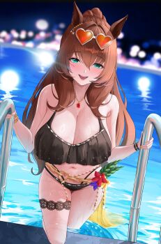 1girl absurdres animal_ears aqua_eyes bikini black_bikini blurry blurry_background blush breasts brown_hair cleavage commentary ear_ornament eyewear_on_head frilled_bikini frills hair_intakes heart heart-shaped_eyewear highres horse_ears horse_girl horse_tail large_breasts long_hair looking_at_viewer maruzensky_(hot_summer_night)_(umamusume) maruzensky_(umamusume) navel official_alternate_costume open_mouth orange-tinted_eyewear pool_ladder poolside smile smitcuk solo stomach sunglasses swimsuit tail thighs tinted_eyewear umamusume wet white-framed_eyewear