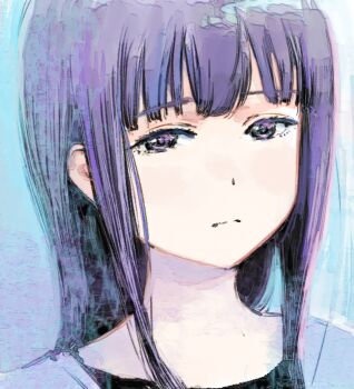 1girl blue_background closed_mouth gujou_kanade kamiina_botan_yoeru_sugata_wa_yuri_no_hana long_hair nazo_no_anime-dan painterly portrait purple_eyes purple_hair solo