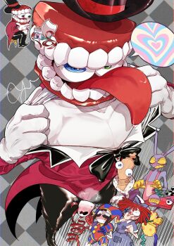 3boys 4girls @_@ animal_ears asymmetrical_gloves black_bow black_bowtie black_eyes black_pants blue_eyes blue_gloves blush bow bowtie brown_hair button_eyes buttons caine_(the_amazing_digital_circus) chess_piece collarbone colored_sclera colored_skin colored_teeth constricted_pupils crossed_arms dentures dress embarrassed fur-trimmed_robe fur_trim furry gangle_(the_amazing_digital_circus) gloves green_eyes hair_bow hat heterochromia highres jax_(the_amazing_digital_circus) jester jester_cap king_(chess) kinger_(the_amazing_digital_circus) manga_(object) mask mismatched_gloves multicolored_eyes multiple_boys multiple_girls o_o ohyou_wake overalls pants pectorals pomni_(the_amazing_digital_circus) puffy_sleeves purple_bow purple_dress purple_robe rabbit_boy rabbit_ears ragatha_(the_amazing_digital_circus) reading red_eyes red_gloves red_hair red_ribbon ribbon robe saliva short_hair short_sleeves striped_clothes striped_headwear teeth the_amazing_digital_circus tongue tongue_out top_hat two-tone_eyes undressing vertical-striped_clothes vertical-striped_headwear white_gloves white_skin yellow_gloves yellow_sclera yellow_teeth zooble_(the_amazing_digital_circus)