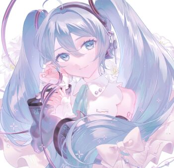 1girl ahoge aqua_eyes aqua_hair aqua_nails aqua_necktie arm_tattoo black_ribbon bow closed_mouth collared_shirt detached_sleeves hair_between_eyes hair_ornament hair_ribbon hamuna_(hamuna_86) hatsune_miku hatsune_miku_(nt) headset highres long_hair long_sleeves necktie number_tattoo ribbon shirt smile solo tattoo twintails very_long_hair vocaloid white_bow white_shirt wide_sleeves