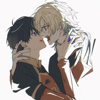 Rule 34 | 2boys, adam's apple, angry, bastard munchen soccer uniform, black hair, blood, blood on mouth, blue eyes, blue hair, blue lock, commentary, eye contact, eyeliner, face-to-face, from side, hand on another's neck, highres, isagi yoichi, looking at another, makeup, male focus, michael kaiser, multicolored hair, multiple boys, open mouth, pcal pcal, red eyeliner, short hair, short hair with long locks, simple background, two-tone hair, white background, yaoi