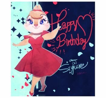 Rule 34 | 1girl, alternate costume, blue eyes, chipmunk ears, chipmunk girl, clarice (disney), disney, dress, eyelashes, full body, hair ornament, happy birthday, headband, highres, looking at viewer, mickey mouse &amp; friends, open mouth, red dress, rl10 02, smile, solo
