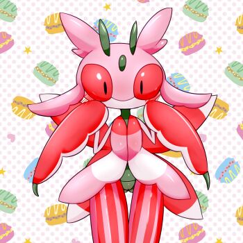 Rule 34 | 1girl, antennae, arthropod girl, black eyes, blush, colored sclera, cottontail, female focus, food, gen 7 pokemon, hands up, highres, looking at viewer, lurantis, macaroon, nintendo, no humans, no mouth, pink sclera, pinstripe pattern, pokemon, pokemon (creature), pussy, shiny skin, solo, standing, star (symbol), striped, thigh gap, uncensored, white background