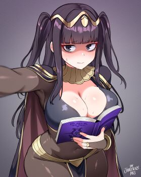 1girl absurdres arm_up armpits black_eyes black_hair black_nails bodystocking boobs_in_book_(meme) book breast_press breasts cleavage commentary covered_navel fire_emblem fire_emblem_awakening furrowed_brow gold grey_eyes highres holding holding_book jarckius jewelry large_breasts looking_at_viewer meme nail_polish navel neck_ring nervous nintendo pelvic_curtain reaching reaching_towards_viewer solo standing sweat tharja_(fire_emblem) two_side_up
