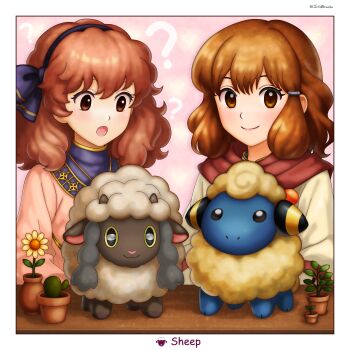 2girls absurdres brown_eyes curly_hair dinjo fire_emblem fire_emblem:_genealogy_of_the_holy_war fire_emblem_echoes:_shadows_of_valentia fluffy_hair gen_2_pokemon gen_8_pokemon genny_(fire_emblem) highres jewelry lana_(fire_emblem) long_sleeves mareep multiple_girls necklace nintendo open_mouth pink_hair pokemon pokemon_(creature) sheep smile tunic white_tunic wooloo