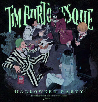 1girl 5boys afro antlers beetlejuice betelgeuse_(beetlejuice) betelgeuse_(beetlejuice)_(cosplay) black_boots black_coat black_hair blonde_hair boots bottle brook_(one_piece) cane coat cosplay dress full_body green_hair holding holding_bottle holding_cane horns lngees long_nose multiple_boys nico_robin one_piece purple_coat reindeer_antlers roronoa_zoro sanji_(one_piece) short_hair sideburns signature sitting skeleton straw_hat_pirates tony_tony_chopper usopp veil vertical-striped_suit white_dress