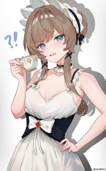 !? 1girl absurdres blue_eyes breasts breasts_apart brown_hair commentary cup dress drinking_glass drop_shadow english_commentary fingernails genshin_impact hand_on_own_hip hand_up highres holding holding_cup light_blush looking_at_viewer medium_breasts open_mouth sandrone_(genshin_impact) serafhin short_hair_with_long_locks simple_background sleeveless sleeveless_dress solo teacup twitter_username upper_body white_background white_dress