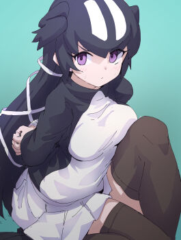 1girl absurdres bird_girl bird_wings black_hair blue_background feathered_wings great_auk_(kemono_friends) head_wings highres kemono_friends long_hair looking_at_viewer lowlandgorilla purple_eyes ribbon shirt shoes simple_background sitting skirt solo string thighhighs wings